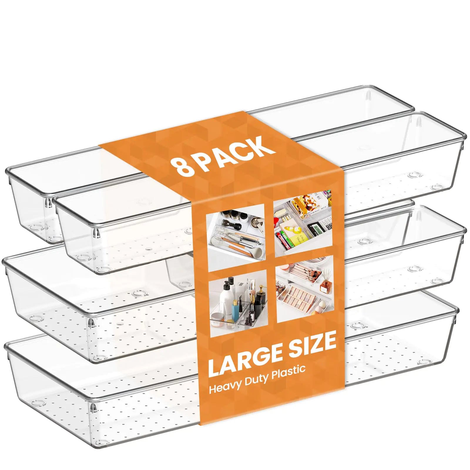 LARGE Drawer Organizer 8 Pack Clear Plastic Kitchen Drawer